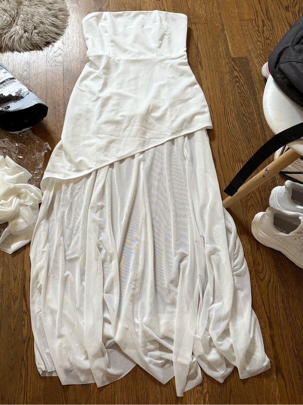 Strapless White Asymmetrical Maxi Dress